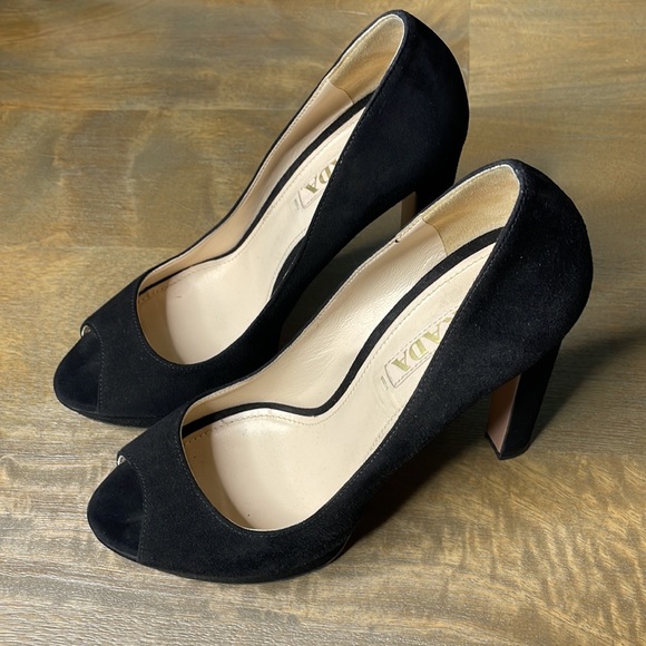 PRADA Black Suede Open Peep Toe Platform High Heel Pumps - Picture 3 of 16